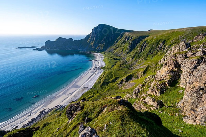 View of coastal landscape, cliffs with peak Måtind or Måtinden, Høyvika beach and sea, hike to the peak of Måtind, Andøya island, Vesterålen, Nordland, Norway, Europe