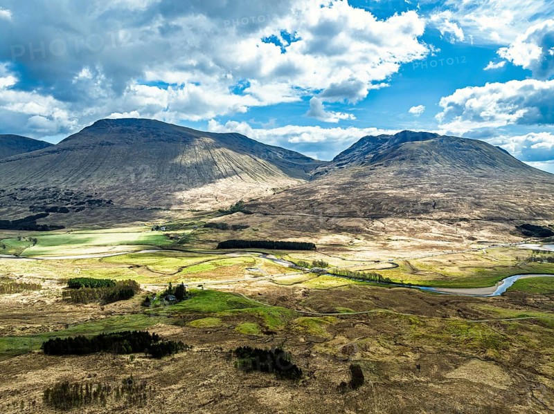 Mountains and Moors over Loch Tulla and River Orchy from a drone, Highlands, Scotland, UK