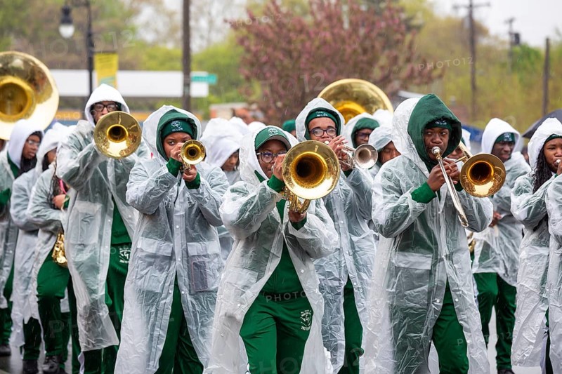Detroit, Michigan USA - 4 May 2025 - The annual Cinco de Mayo parade was held in southwest Detroit, a heavily Mexican-American community, on a rainy spring day. The Cass Tech high school maching band performed