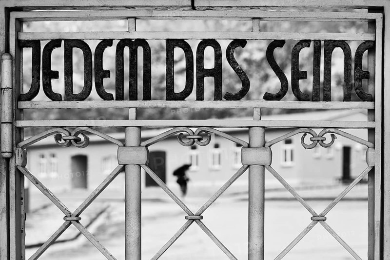 Tor tor to the beech forest concentration camp with the slogan Jedem das Seine on the entrance gate, Weimar, Thuringia, Germany, Europe