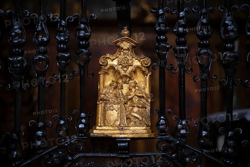 Wrought-iron grille in front of side chapel, appliqué, gilded, Cathedral of Our Lady, Constance, Baden-Württemberg, Germany, Europe