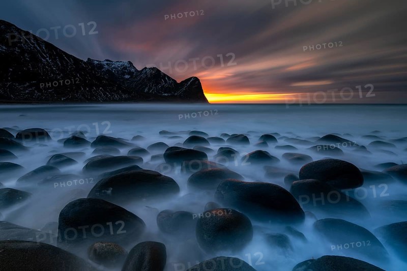 Rocky coast with surf, Unstad Beach, Lofoten, Norway, Europe