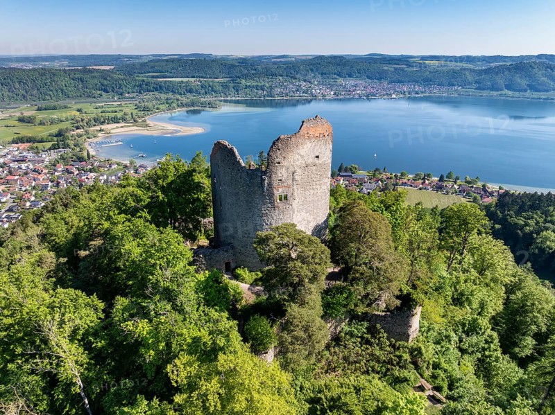 Aerial view of Lake Constance with the ruins of Altbodman, Bodman-Ludwigshafen, district of Constance, Baden-Württemberg, Germany, Europe