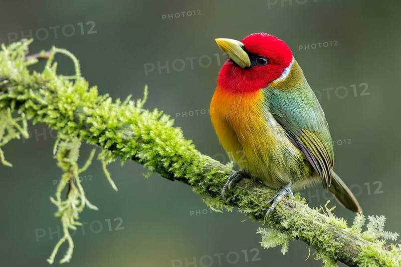 Red-headed Barbet (Eubucco bourcierii) perched on a branch in Colombia, South America