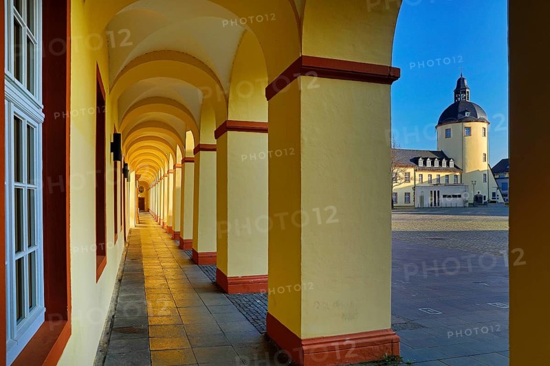Lower Castle, arcade in the Corps de Logis and view of the Fat Tower with Castle Square, Siegen, North Rhine-Westphalia, Germany, Europe