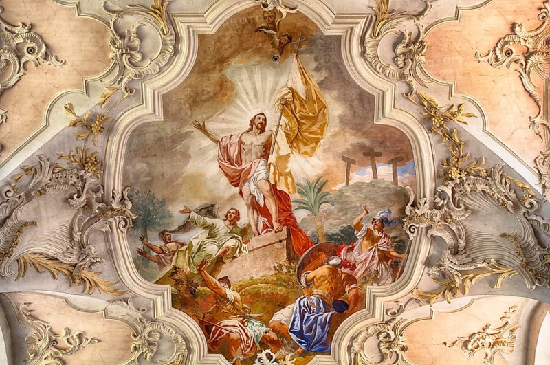 Interior view, ceiling painting, ceiling fresco, collegiate church Sankt Peter und Paul, Niederzell, Insel Reichenau, Landkreis Konstanz, Baden-Württemberg, Germany, Europe
