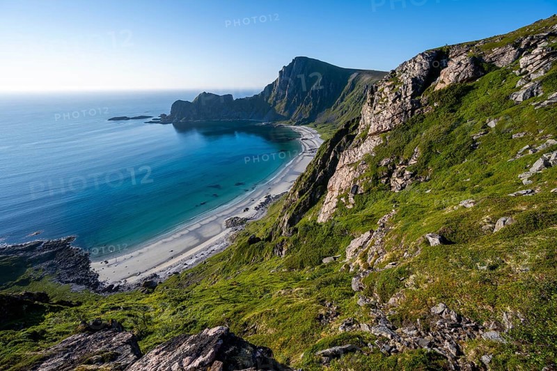 View of coastal landscape, cliffs with peak Måtind or Måtinden, Høyvika beach and sea, hike to the peak of Måtind, Andøya island, Vesterålen, Nordland, Norway, Europe