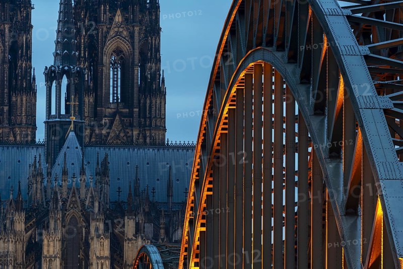 Cologne Cathedral and the Hohenzollern Bridge illuminated with LED lights, Cologne, North Rhine-Westphalia, Germany, Europe