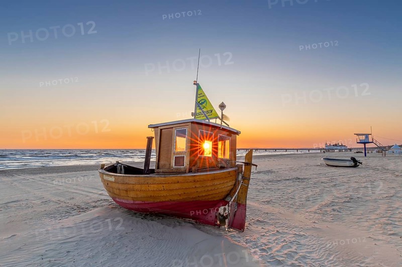 Traditional wooden fishing boat on the beach along the Baltic Sea at Ahlbeck, Heringsdorf on the island Usedom, Mecklenburg–Western Pomerania, Germany, Europe
