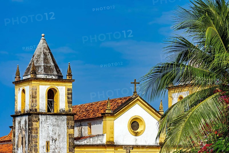 Beautiful baroque church tower amidst the vegetation of the city of Olinda with the sea in the background, Olinda, Pernambuco, Brazil, South America