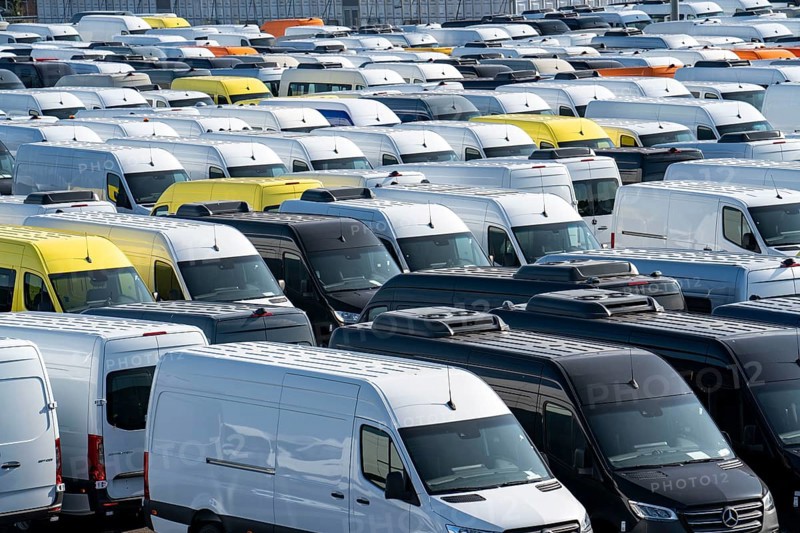 Car terminal in the inland port Logport I, in Duisburg on the Rhine, vehicle handling of new cars, vans, Mercedes-Benz Sprinter, storage space, North Rhine-Westphalia, Germany, Europe