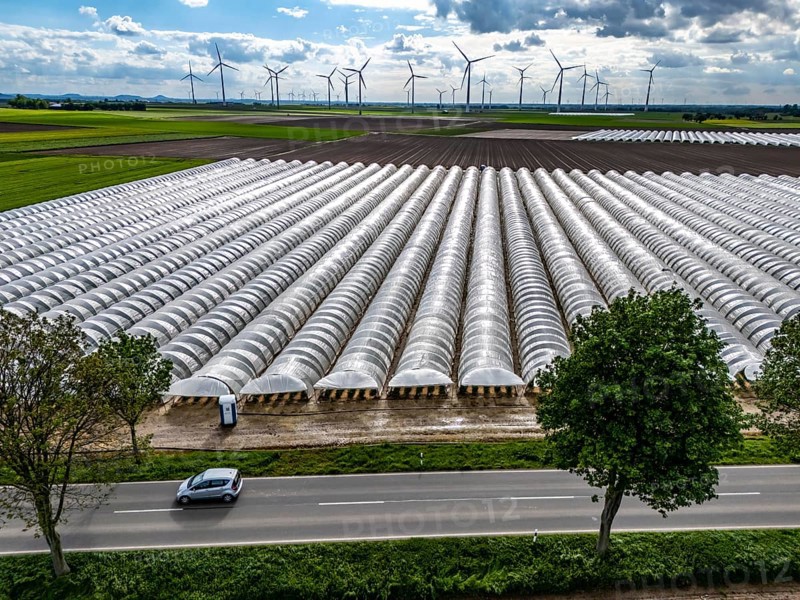 Agriculture, large areas with foil tunnel, for the cultivation of strawberries, freshly cultivated fields, wind farm, south of Lövenich, belongs to Erkelenz, in the district of Heinsberg