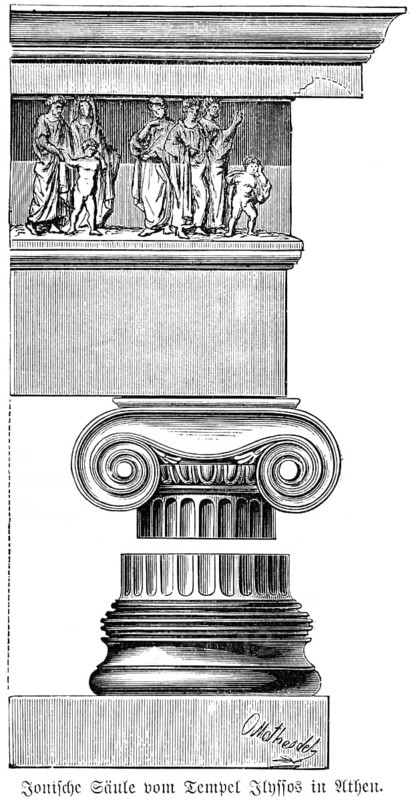 Ionic column, depiction of people, woman, men, ancient Greeks, historical illustration ca. 1890