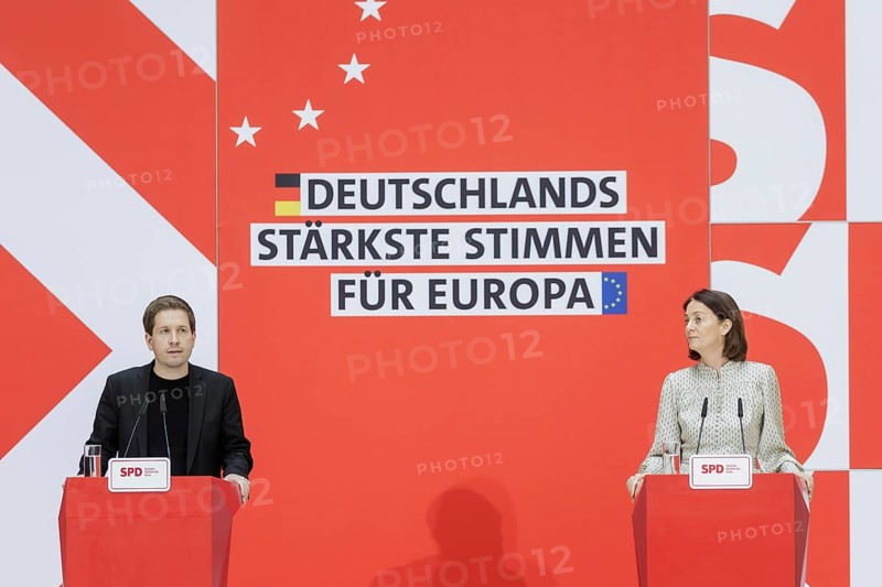 Kevin Kuehnert, SPD Secretary-General, and Katarina Barley, SPD lead candidate for the 2024 European elections, at a press conference following the SPD Presidium meeting after the European elections at the Willy Brandt House in Berlin, 10 June 2024