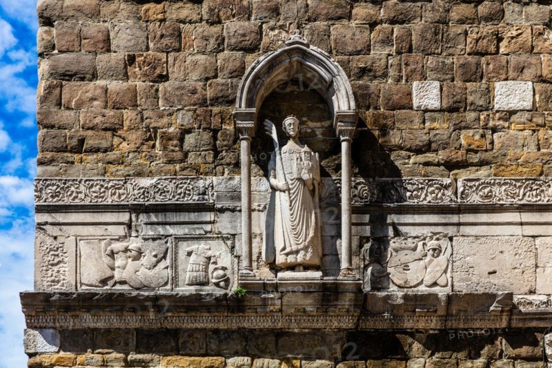 Statue of St Justus on the bell tower, San Giusto Cathedral, Colle di San Giusto, Trieste, harbour town on the Adriatic, Friuli, Italy, Trieste, Friuli, Italy, Europe