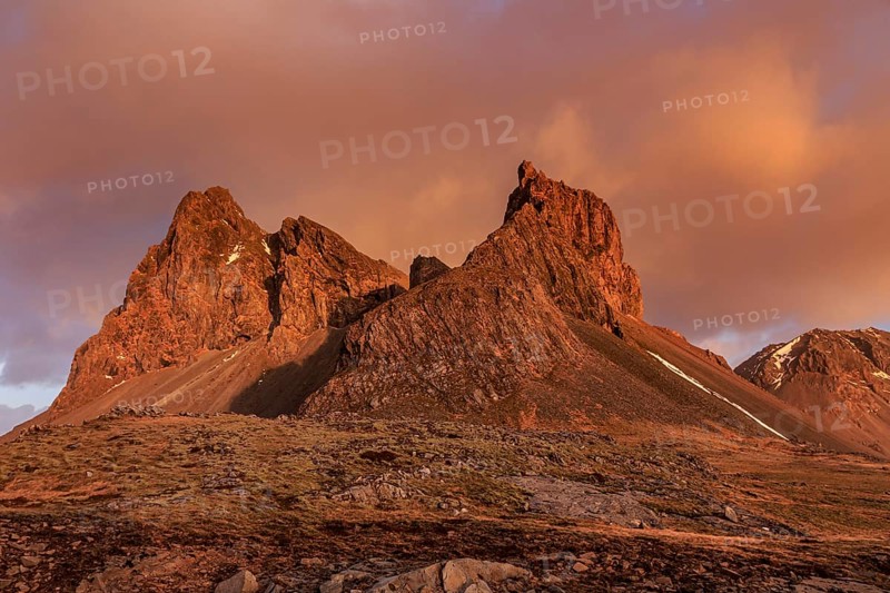 Morning light and clouds over steep mountains and rocks, Eystrahorn, East Iceland, Iceland, Europe