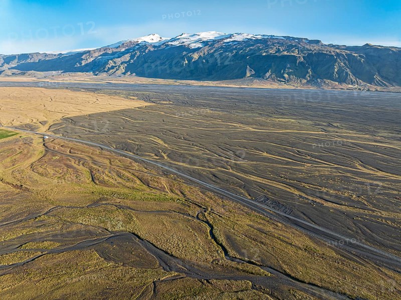 Wide valley of the Markarfljot river, glacier Eyjafjallajökull, Fljotsdalur valley, mountain road F261, aerial view, Iceland, Europe
