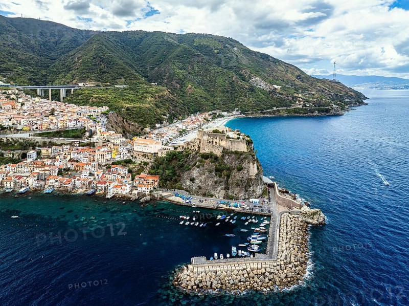Scilla from a drone, Calabria, Italy, Europe