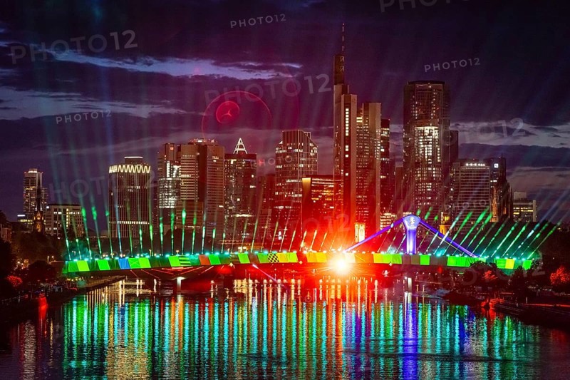 On Wednesday, 12 June 2024, the city of Frankfurt am Main will celebrate the start of the European Football Championship with a spectacular light show from 22:30. The eastern side of the Flößerbrücke bridge will be transformed into a spectacular spectacle of light and colour in the colours of the 24 participating nations, Frankfurt am Main, Hesse, Germany, Europe