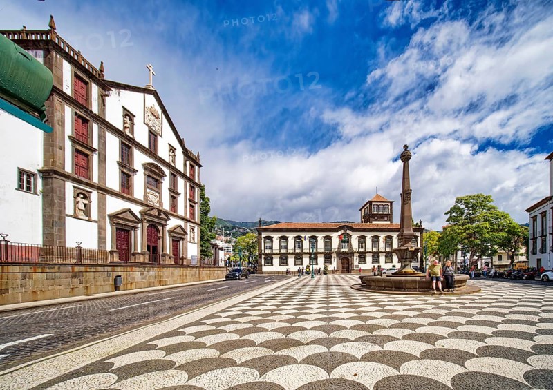 Town Hall and fountain at Praca do Municipio, Church of São João Evangelista, Igreja do Colégio, Jesuit College, Jesuit Church, Funchal, Madeira, Portugal, Europe