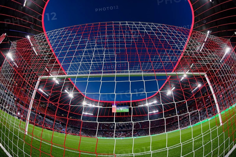 Overview, interior, floodlit match, behind-the-goal perspective, goal net, blue hour, fisheye shot, Champions League, Allianz Arena, Munich, Bavaria, Germany, Europe
