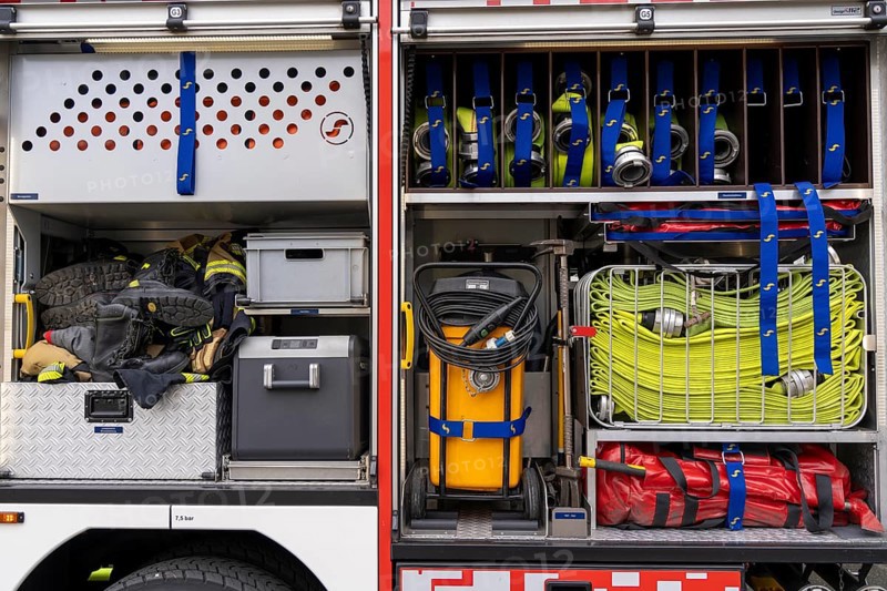 Fire engine, HLF, rescue fire fighting vehicle, fire engine with additional equipment for technical assistance, details, hoses, tools