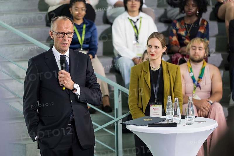 Friedrich Merz (CDU), Chancellor of the Federal Republic of Germany, at the opening statement for the discussion with the multilateral youth camp Youth4Peace in the Federal Chancellery, Berlin, 8 May 2025