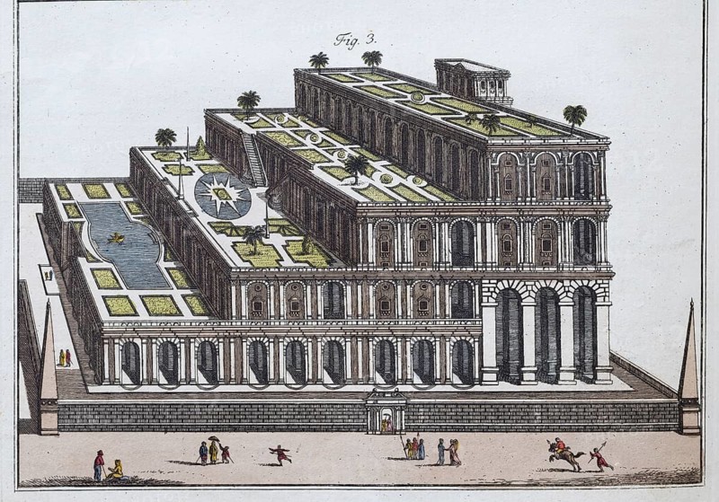 Hanging Gardens of Semiramis of Babylon, the seven wonders of the world, hand-coloured copperplate engraving from Friedrich Justin Bertuch's picture book for children, 1801From Friedrich Justin Bertuch's picture book for children, Vienna 1801
