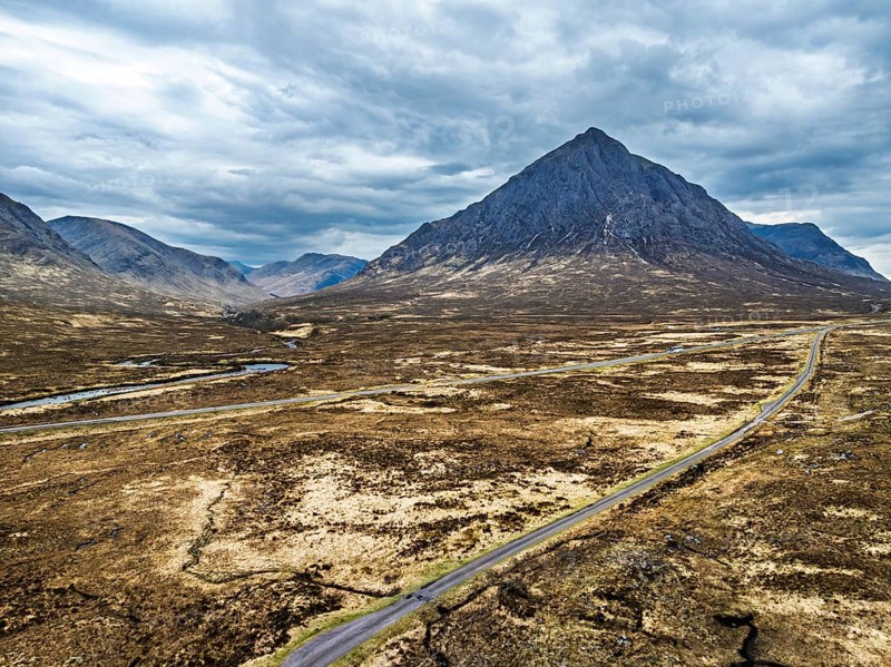 Mountains and Moors over Buachaille Etive Mòr from a drone, The Buachaille, Glen Etive, Highlands, Scotland, United Kingdom, Europe