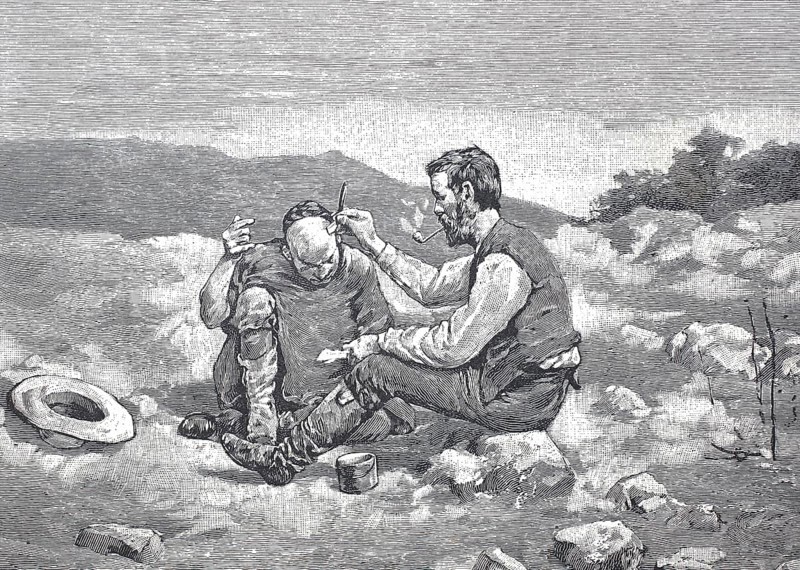 Open-air shaving and barber shop, barber, in California during the gold rush era, 1850, USA, Reproduction of an original, around 1900, historical, Two men in a stony field, one being assisted in shaving. The surroundings are rural and rough, North America