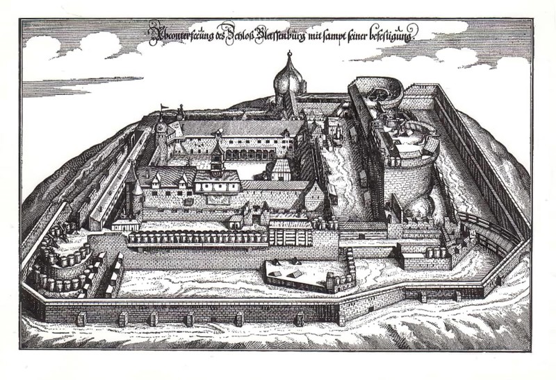 The Plassenburg in Kulmbach in the 16th century, Merian, Upper Franconia, Bavaria, Germany, reproduction from a model from that time, historical, digitally enhanced, Europe