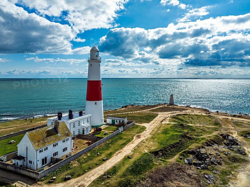 Portland Bill Lighthouse from a drone, Portland Bill, Isle of Portland, Dorset, England, United Kingdom, Europe