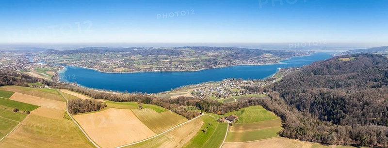 Aerial view, panorama from Thurgauer Seerücken over western Lake Constance, Untersee, also known as Lake Rhine, which flows into the Rhine at Stein am Rhein on the left, on the horizon the German peninsula Höri, on the far right on the horizon the island of Reichenau, district of Constance, Baden-Württemberg, Germany, Europe