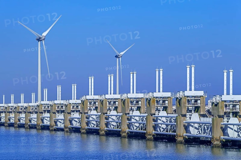 Movable barrier sections of the storm flood barrier, Oosterscheldekering, Eastern Scheldt storm surge barrier at Neeltje Jans, Zeeland, Netherlands