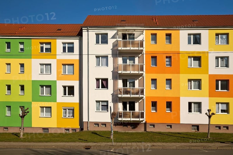 Geometrically and colourfully designed apartment buildings of a housing association, Halberstadt, Saxony-Anhalt, Germany, Europe