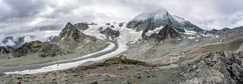 Panorama mountain hut Cabane des Dix in front of glacier Glacier de Cheilon and summit Mont Blanc de Cheilon, Valais Alps, Valais, Switzerland, Europe