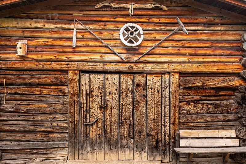 Detailed view of the front of a barn on the Glatsch Alm, Dolomites, Puez-Geisler nature park Park, Geisler Group, St. Magdalena, Villnöss, Funes, Villnöss Valley, South Tyrol, Italy, Europe