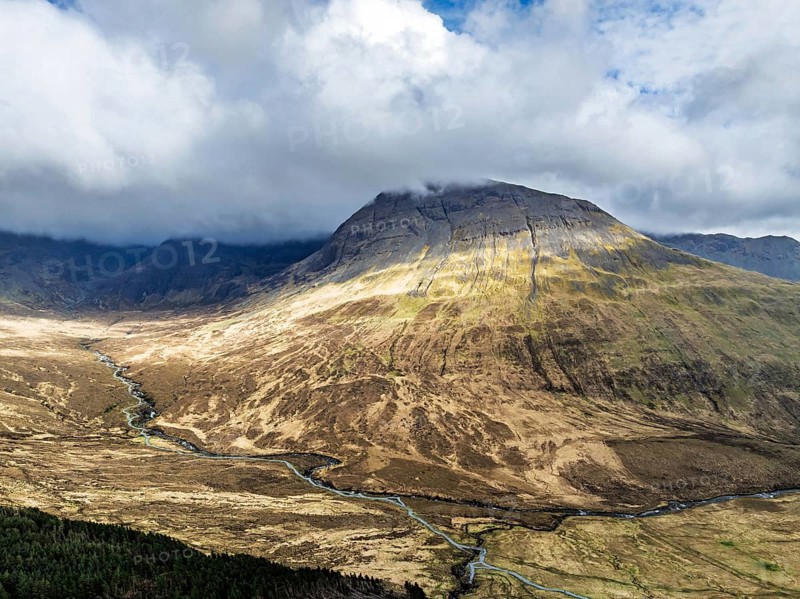 Fairy Pools and Waterfalls from a drone, Glen Brittle, Black Cuillin, Isle of Skye, Scotland, England, United Kingdom, Europe