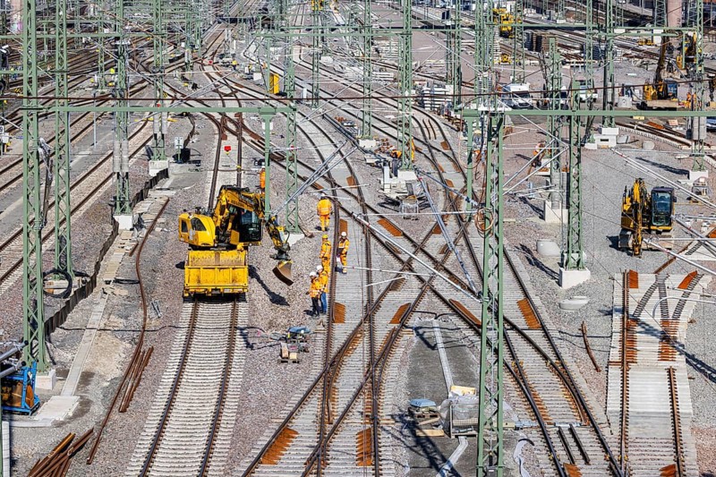 Deutsche Bahn AG track construction. A new railway sidings station is being built in Stuttgart-Untertürkheim. It is part of the billion-euro Stuttgart 21 project. Stuttgart, Baden-Württemberg, Germany, Europe