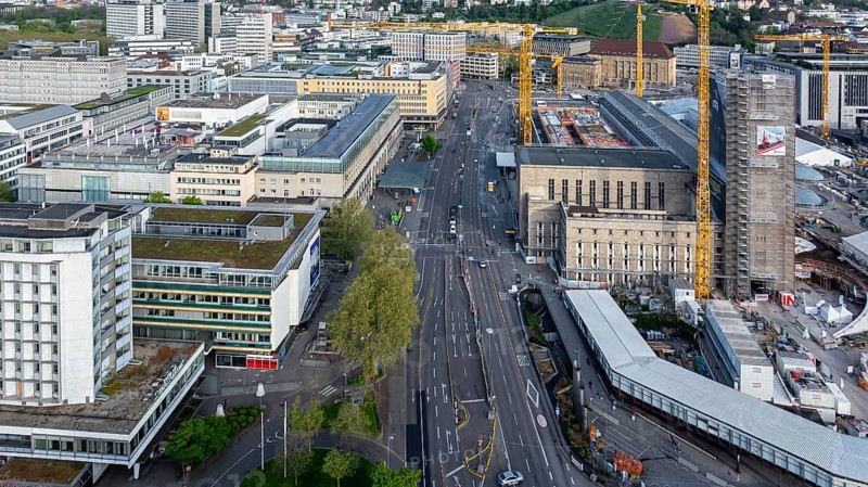 Arnulf-Klett-Platz, Stuttgart Central Station with Bonatzbau. Construction site Stuttgart 21. aerial view. Stuttgart, Baden-Württemberg, Germany, Europe