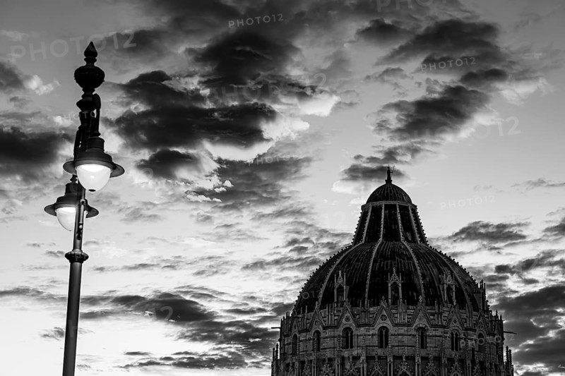 Baptistery under a street lamp at sunset, Pisa Tuscany, Italy, Europe