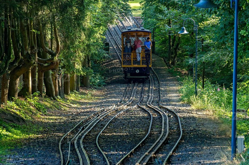 Historic funicular railway, rack and pinion funicular railway with water load on tracks, Nerobergbahn from 1888 travelling in the forest, technical cultural monument, Neroberg, Wiesbaden, Hesse, Germany, Europe