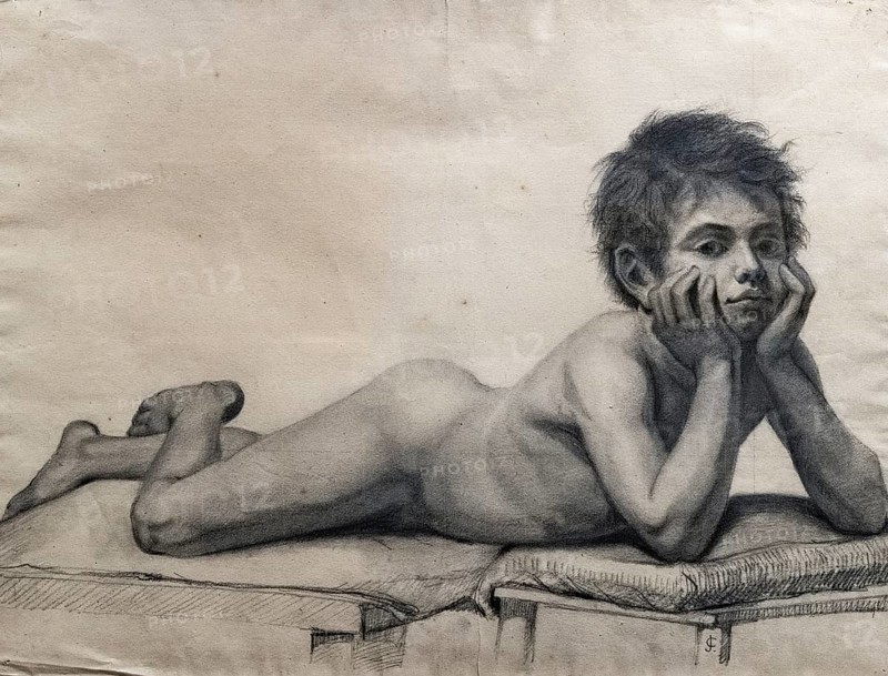 Naked child lying on his stomach, painting by Jean-Baptiste Cariven (1843 to 1904, French painter, reproduction of a 19th century painting, digitally restored, historical, A pensive boy lies naked on his stomach and rests his head on his hands