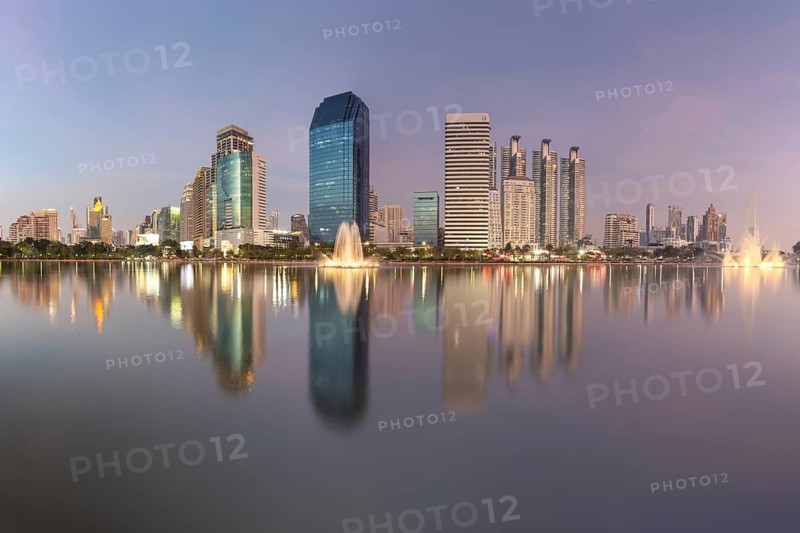 Benjakitti Park, eastern water zone with water fountain, a municipal park in the Khlong Toei district, Bangkok, Thailand, Asia