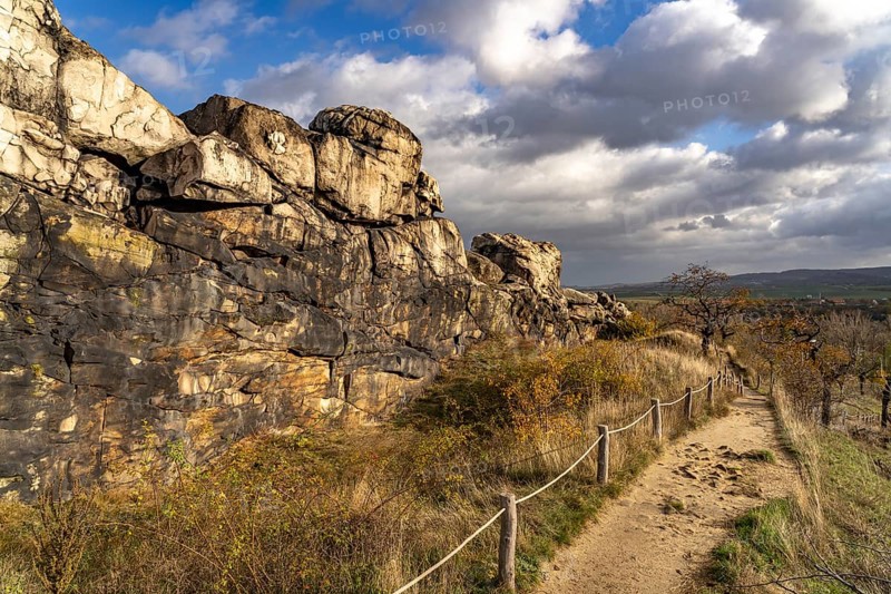 Hiking trail at the Devil's Wall rock formation in the Harz district near Thale and Weddersleben, Saxony-Anhalt, Germany, Europe