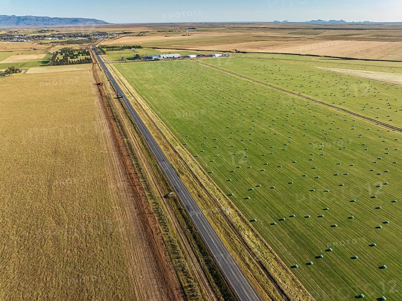 Meadow full of colored hay bales, aerial view, southern coast, Iceland, Europe