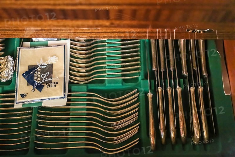 Lost Places, abandoned house, vacant building, old-fashioned furniture, good parlour, living room 1950s style, living in the economic miracle, furniture of the 50s, cutlery box, grandma's silver cutlery, district Honau, Lichtenstein, Baden-Württemberg, Germany, Europe