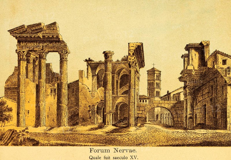 Ruins of the Forum Nervae or Foro di Nerva, Nerva Forum in the 15th century, columns, archway, church tower, paved street, ancient Rome, Italy, coloured historical illustration from 1882, Europe