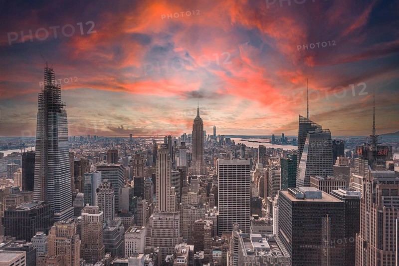 New York, United States, January 5, 2020: Sunset in Top of the Rock in New York, beautiful view of the Empire State and its surroundings, North America