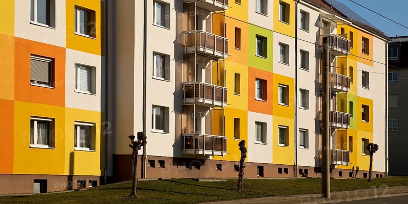 Geometrically and colourfully designed apartment buildings of a housing association, Halberstadt, Saxony-Anhalt, Germany, Europe